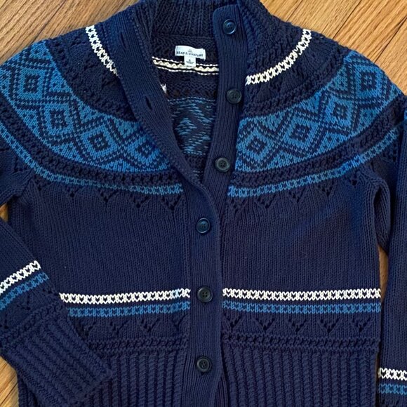 Small LL Bean Women's Signature 100% Cotton Fisherman Cardigan Fair Isle Navy - Picture 2 of 8